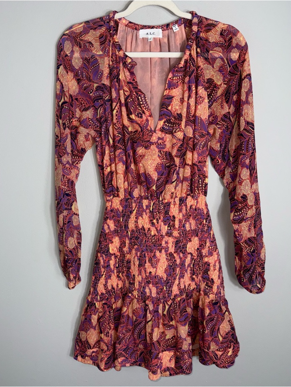 A.L.C. Callie Mini Dress-Smocked-Long Sleeves-V Neck-Silk-Size 2